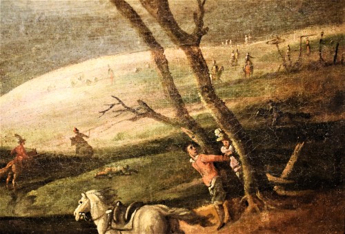 Antiquités - Assault on the village with clash between knights, 17th c. Flemish master